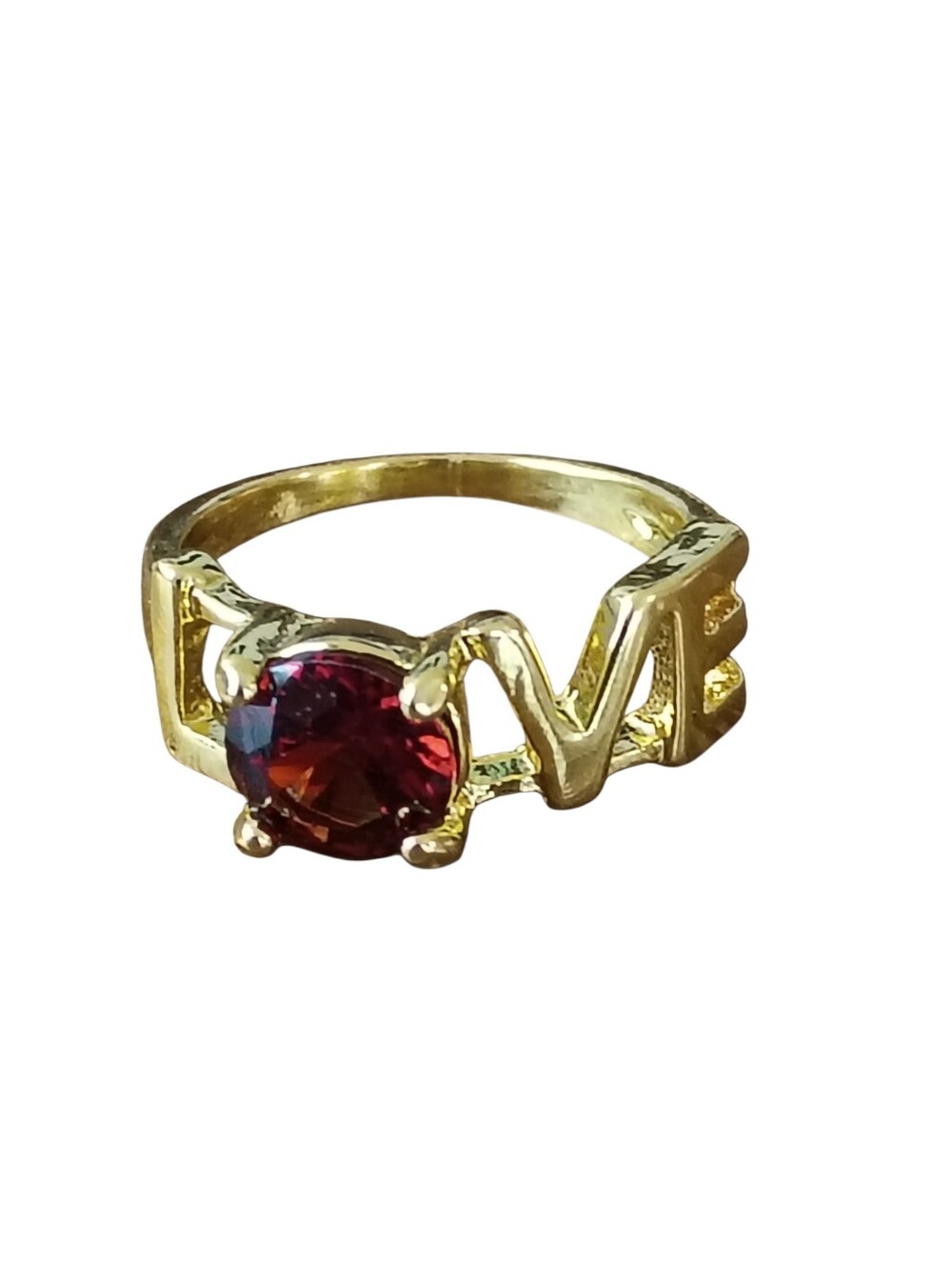 Ring Size 8 Gold Love Ring with Red Gemstone